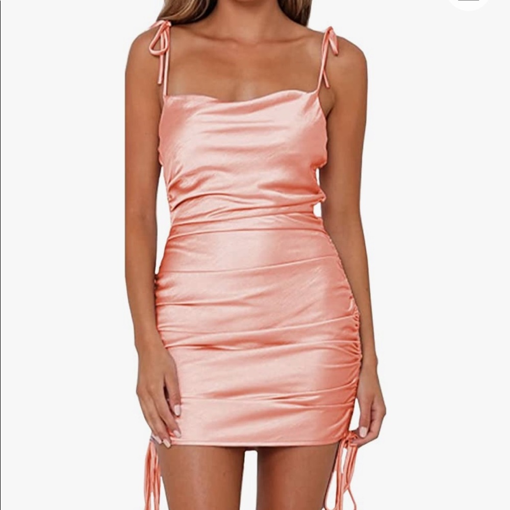 NWOT Satin Peach Mini Runched Dress